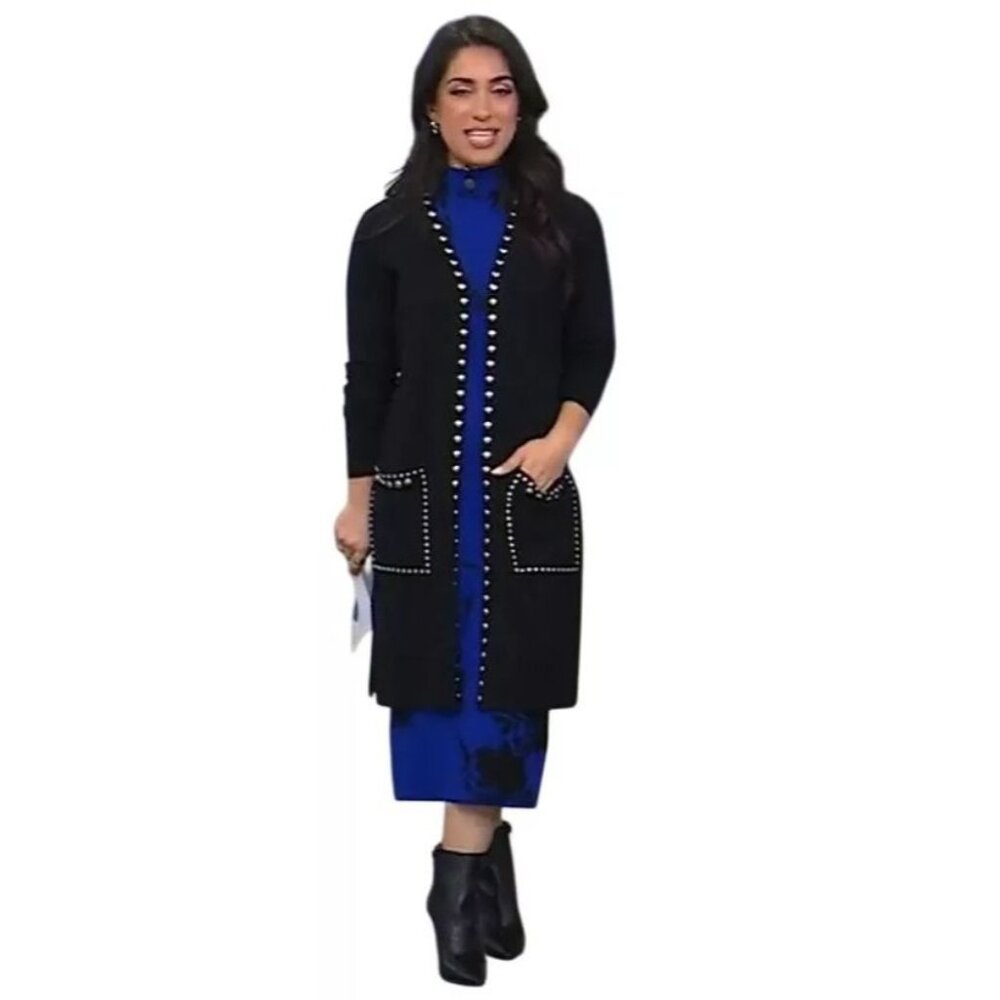 Nina Leonard Long Sleeve Studded Sweater Knit Cardigan Size Medium Black Layers